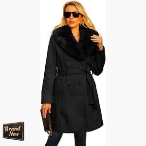 Long Pea Coat Faux Leather Trench Winter Overcoat Wrap Style